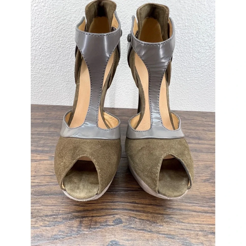 L.A.M.B. Peppa Taupe Gray Suede‎ & Leather Platform Peep Toe Heels Size 6.5M